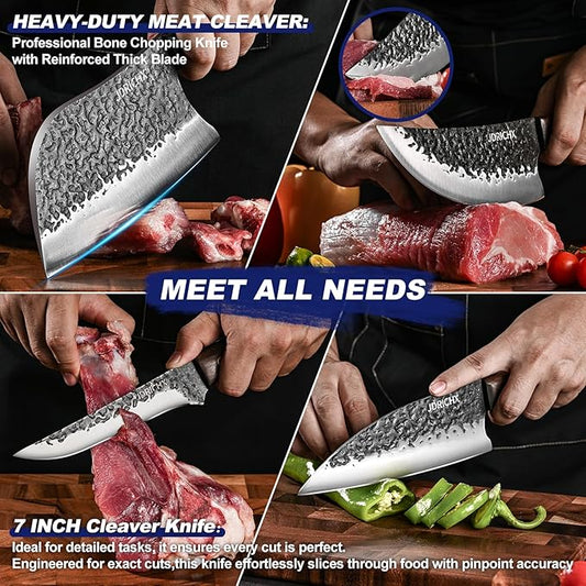 4-Piece Butcher Knife Set – Hand Forged High Carbon Steel Meat Cleaver Knives, Full Tang for Bone Cutting, Heavy Duty & Ultra Sharp, Perfect for BBQ, Meat Prep, and Precision Trimming