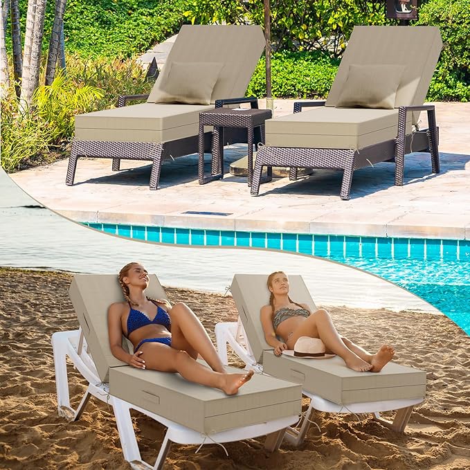 Outdoor Water-Resistant Olefin Chaise Lounge Cushions with Pillow, Weather and Fade Resistant Patio Furniture Lounge Chair Cushion Ideal for Patio, Lawn, Garden, Beige, 72" L x 21" W x 5" T