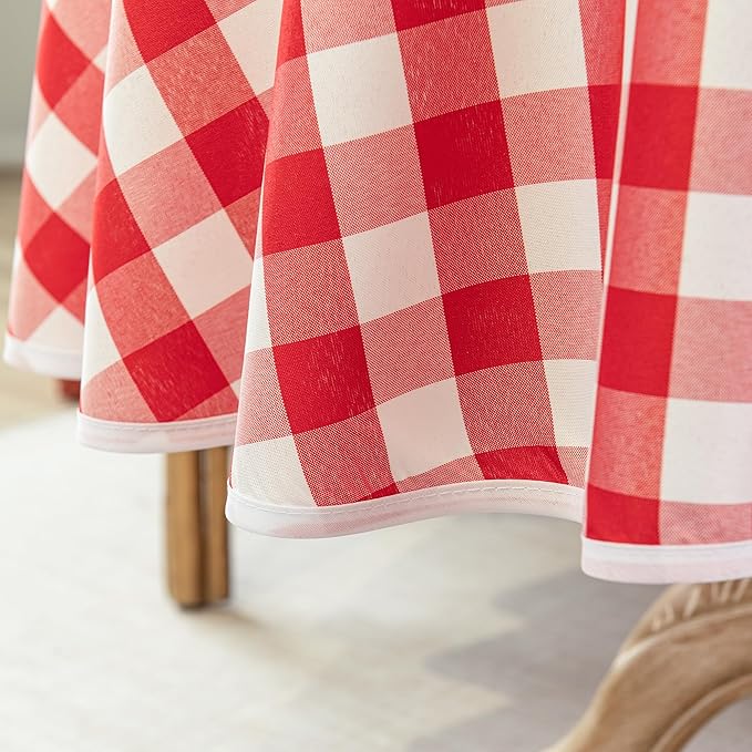 Red and White Gingham Tablecloth, Waterproof Outdoor Picnic Table Cover for Summer BBQ, Farmhouse Kitchen, Patio Dining, Reusable Machine Washable Checkered Table Cloth, 60" Round
