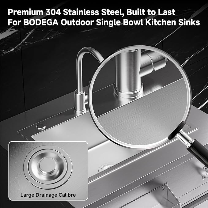 BODEGA Stainless Steel Kitchen Sink with Hose Hook Up, Outdoor Kitchen cabinets with Ample Storage Space, All-Weather Single Bowl Commercial Sink Cabinet Bottle Opener & Spice Rac,Brake Wheels.