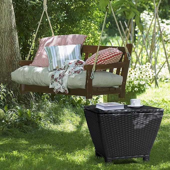 VINGLI 13 Gallon Outdoor Deck Box, Wicker Outdoor Storage Box with Lid, Small Storage Bin Container for Outside and Patio, Patio Rattan Side Table for Yard Porch (Black, Trapezoidal)