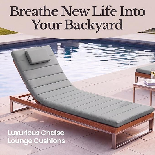 Quilted Chaise Lounge Outdoor Patio Furniture Cushions | Water-Resistant Patio Chair Cushions | Durable, High-Density Foam Outdoor Chair Cushions - Heather Grey, 72"x21" (Chair Not Included)