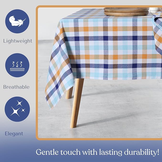 Gingham Tablecloth 60"x84" Cotton Washable Table Cover for Indoor Outdoor Dining, Holiday Events, BBQ, Everyday Table Settings, Indigo Blue, Mustard Yellow, Aqua Blue White