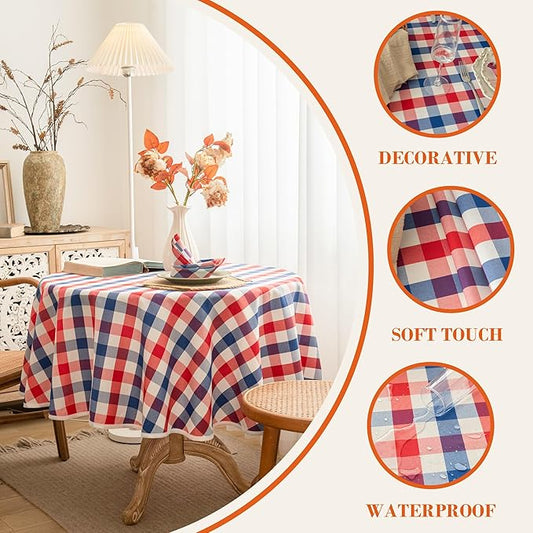 Patriotic Waterproof Tablecloth - Red, White & Blue Buffalo Plaid Table Cover, Stain-Resistant & Washable, Indoor & Outdoor Picnic Tablecloth for 4th of July, Memorial Day