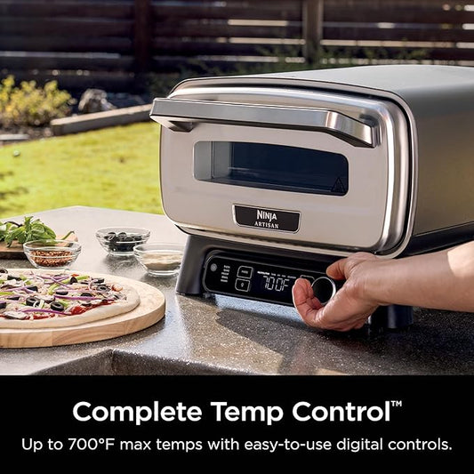Ninja | Outdoor Pizza Oven with 19.5" Perforated Pizza Peel | Includes 12" Pizza Stone & 12" Bake Pan | 5 Pizza Presets Neapolitan, Thin Crust, New York, Pan & Custom | 700F Max Temp | Electric