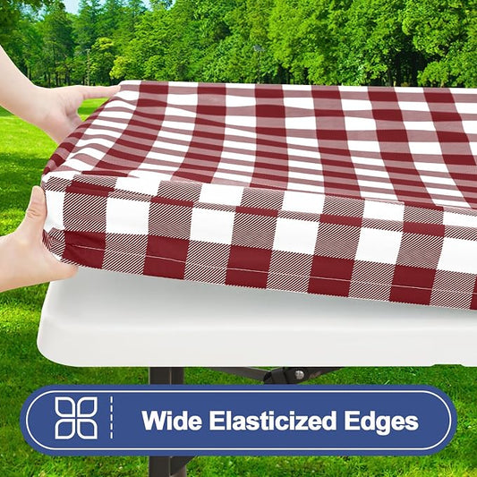 Smiry Picnic Table Cloth 2 Pack, Waterproof Elastic Fitted Tablecloths for 6FT Rectangle Tables, Washable Polyester Buffalo Plaid Tablecloth for Camping & Outdoor (Burgundy & White, 30" x 72")