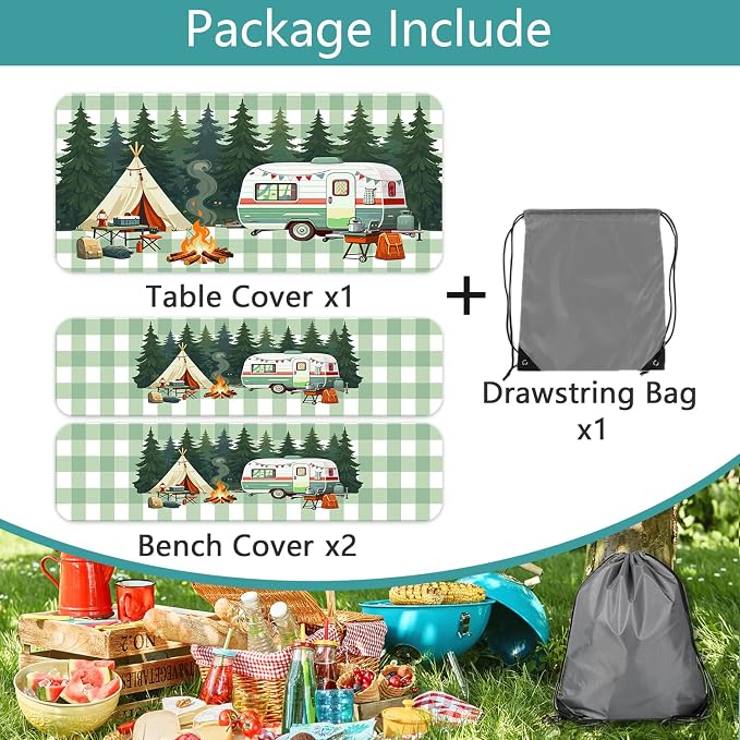 Picnic Table Cover with Bench Covers and Bag, Forest Rv Tent Campfire Checkered Camping Tablecloth Waterproof Windproof Oilproof Elastic Edges Fitted Tablecloths for Outdoor Garden 3PCS 30x72 Inch
