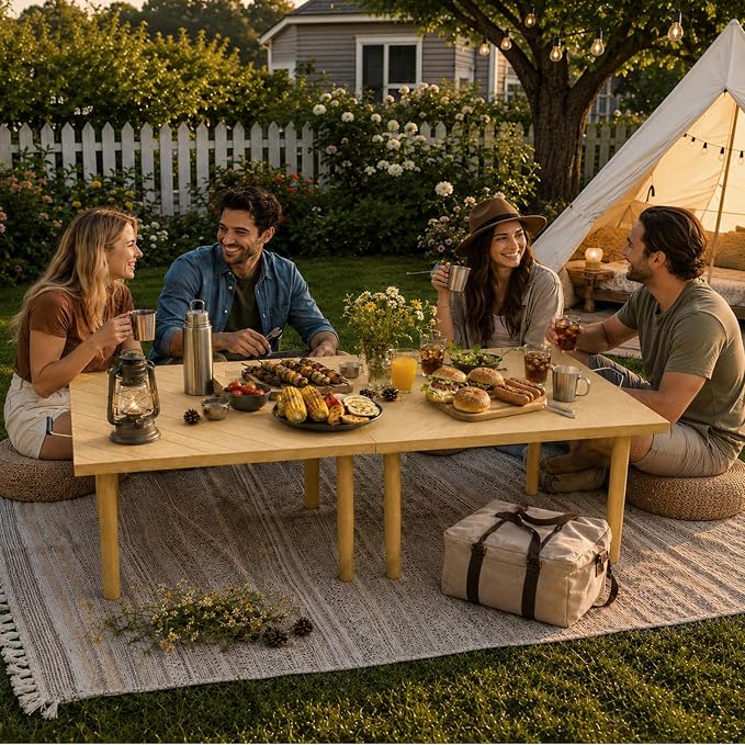 60" x 30" Low Picnic Table with Boho Table Runner Wooden Table with 8 Sturdy Legs Folding Picnic Table for 6 People Backyard Picnic Beach Garden Party Camping