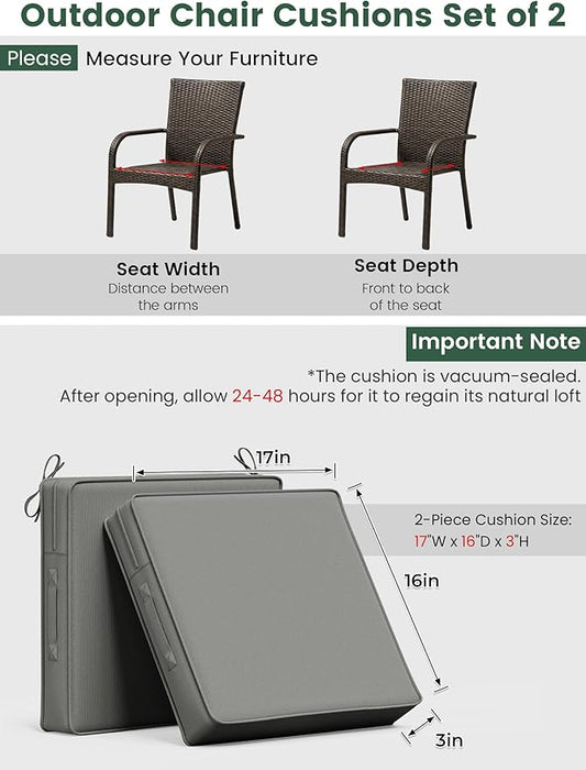Outdoor Chair Cushion 17 x 16 x 3 Inches Patio Furniture Outdoor Waterproof Seat Cushion, Patio Chair Cushion with Handles and Ties, Square Dining Chair Cushion Set of 2, Light Grey