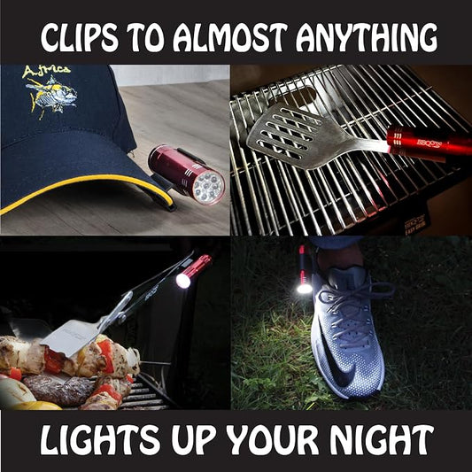 Clip-On LED Pocket Grill Light by BBQ Croc, 2-Pack, Hands-Free Mini Flashlight with Clip, Ultra-Bright 9 LED, Snaps to Hats Tools Shoes & More, Batteries Included