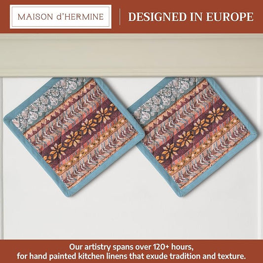 Maison d' Hermine Pot Holders 100% Cotton Potholders (8" x 8", Pack of 2) | Heat Resistant Hot Pads with Loop BBQ Cooking Baking Hotel Kitchen Handling Hot Pans Thanksgiving Christmas - Fair Isle