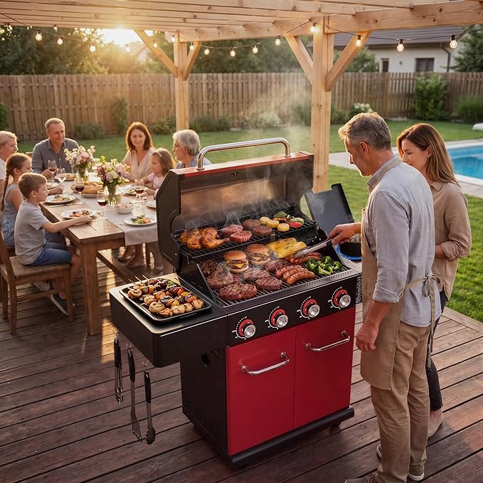 HUGROVE 4-Burner Liquid Propane Gas Grill with Clear-View Window, 56,000 BTU Outdoor BBQ Grilling Station with Side Burner, 677 sq.in Grill with Cast Iron Grates for Backyard Party (Black Red)