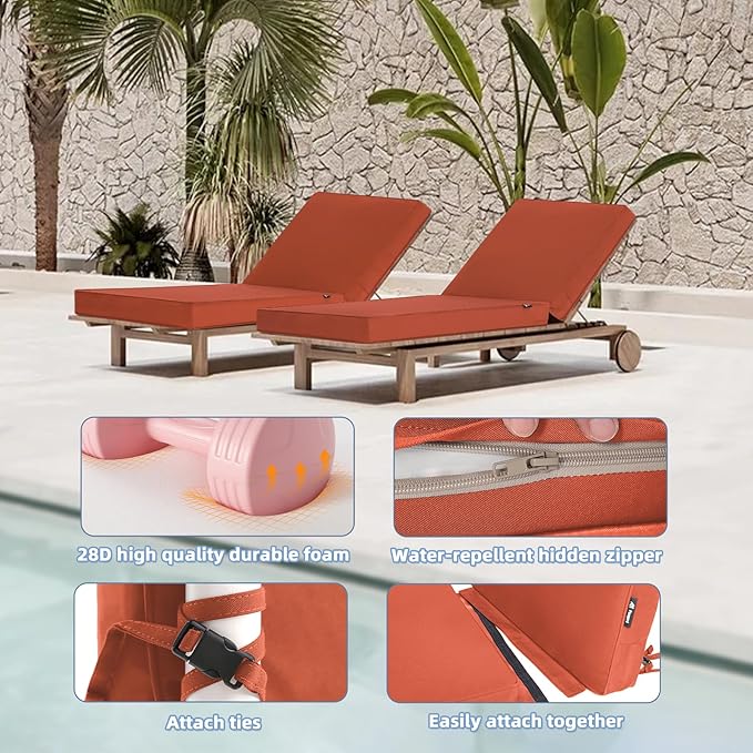 Favoyard Chaise Lounge Cushions Outdoor 72 x 21 x3 Inch Waterproof & 3-Year Fade Resistant Outdoor Lounge Chair Cushions with Removable Cover, Ties and Hidden Zipper for Patio Pool Lounge Chairs