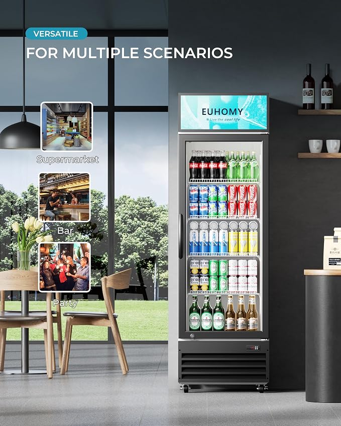 EUHOMY 9 Cu.Ft Commercial Display Refrigerator, Glass Door Merchandiser Drink Fridge with Adjustable Shelves and Soft LED Light, Commercial Beverage Refrigerator for Cafe, Restaurant, Bar(Black)