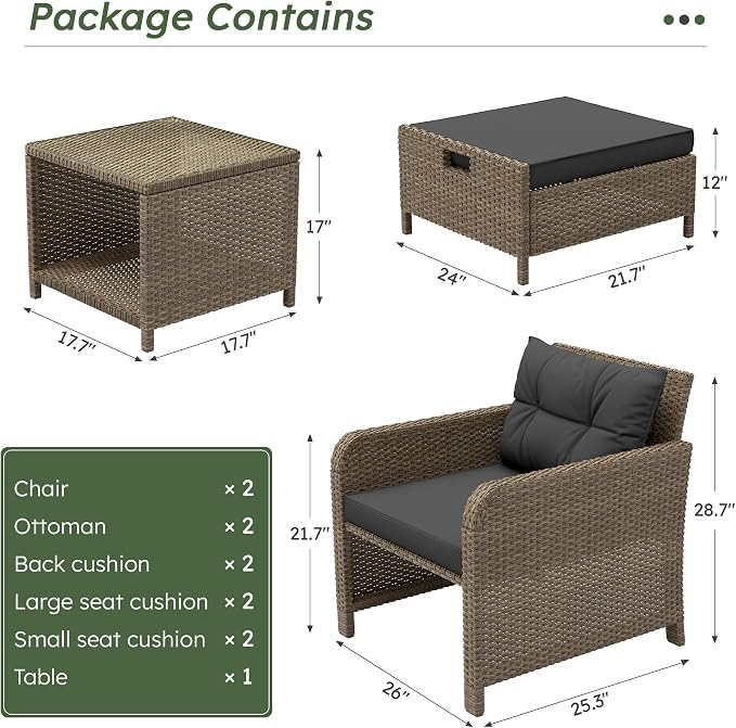 5 Piece Patio Furniture Set, PE Wicker Outdoor Furniture Set with Soft Cushions & Coffee Table, Outdoor Lounge Chairs with Ottoman for Porch, Lawn, Balcony, Yellow-Black
