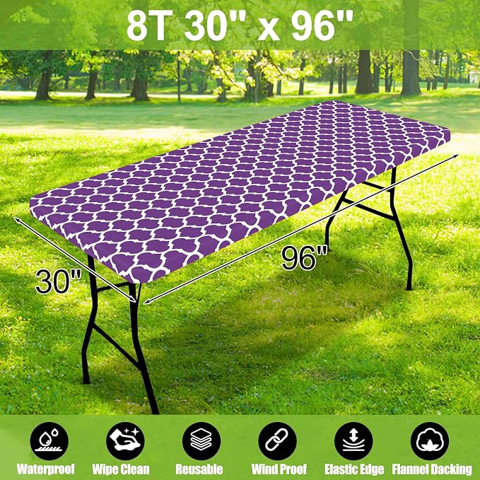 Smiry Picnic Fitted Table Cover, 8 Foot Flannel Backed Vinyl Tablecloth | Waterproof Elastic Stretch Table Cloth, Wipeable Plastic Tablecloth for Camping, Indoor & Outdoor (Purple, 30" x 96")