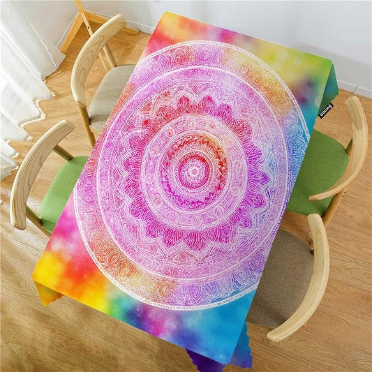 Swono 52x70 Inch Mandala Tablecloth Vintage Mandala Floral Rainbow Tie Dye Farmhouse Dining Table Cloth Anti-Stain Talking Table Cover for Kitchen Dinning Room Coffee Store