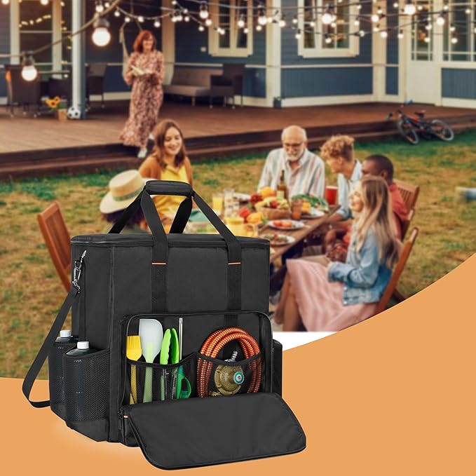 GRAOSO Boat Grill Storage Bag Compatible with Magma Marine Kettles, Grill Cover Carrying Case with 4 Side Pockets for 1lb Propane Cylinders, Padded Handle and Shoulder Strap, Tools Pockets, Black
