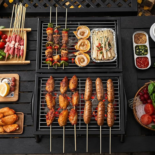 Portable Charcoal Grill (2 IN 1 Double-Sided), Mini Tabletop BBQ Grill 22" x 17", Heavy Duty Steel, Easy Assembly, Compact & Portable for Outdoor Camping, Picnic, Backyard Party