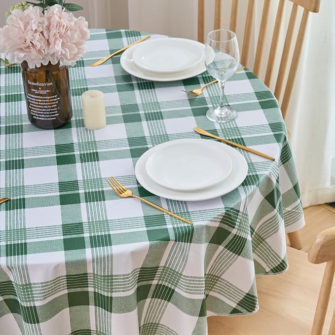 NLMUVW Round Vinyl Tablecloth with Flannel Backing 60 Inch, 100% Waterproof PVC Table Cloth Wipe Clean Table Cover for Dining Party Camping Outdoor, Green Check