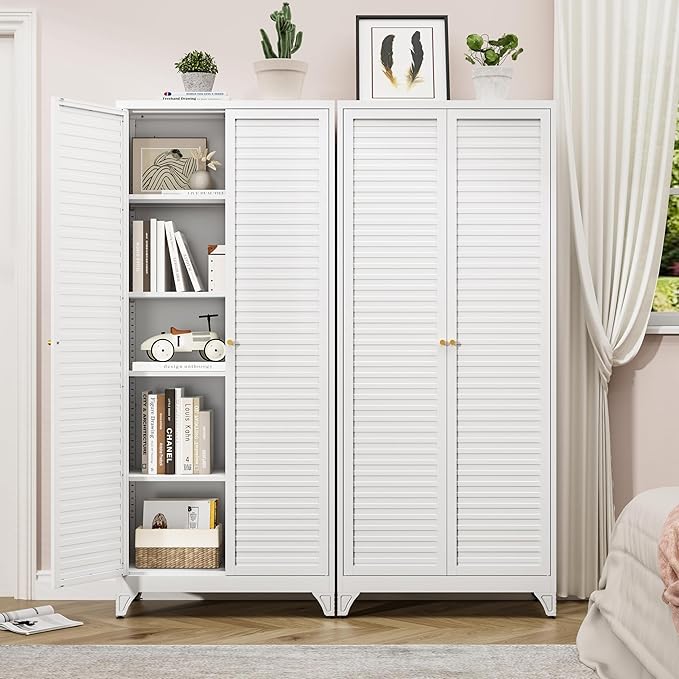 Polup 75" Kitchen Pantry Cabinet, White Metal Storage Cabinet with Doors and 4 Adjustable Shelves, Tall Metal Pantry Cabinets, Large Cupboard for Kitchen, Dining Living Room, Bathroom, Office