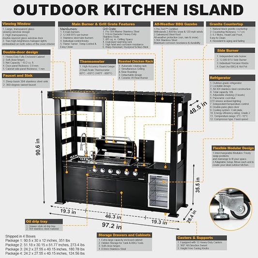 97.2" 4-Burner Modular Outdoor Kitchen Island, 72000 BTU Propane Gas Grill | Side Stove, Rear Infrared, Galvanized Steel Roof, Granite Countertop, Fridge, 360° Pull-Out Faucet,304 Sink, Rotisserie