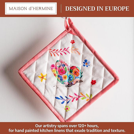 Maison d' Hermine Pot Holders 100% Cotton Heat Resistant Potholders 8" x 8" Hot Pads with Loop Baking Hotel Farmhouse Kitchen Handling Hot Pans Spring Summer (Pack of 1, Happy Florals - High Summer)