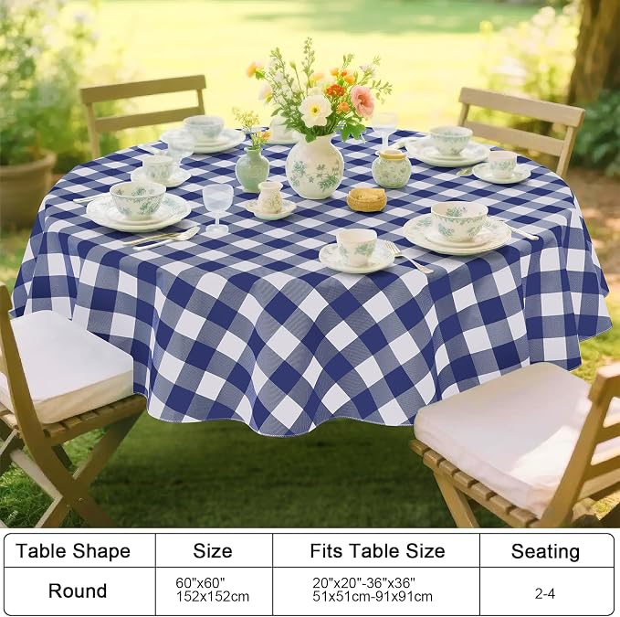 Smiry Picnic Table Cloth, Vinyl Tablecloths with Flannel Backing, 60" Round | Waterproof Picnic Table Cloth, Wipeable Buffalo Plaid Table Cover for Indoor and Outdoor (Navy & White)