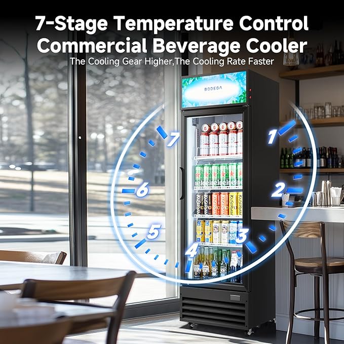 BODEGA COOLER 9 Cu. Ft Commercial Merchandiser Refrigerator with Glass Door & LED Light | Energy-Saving Beverage Display refrigerator, 32°F-50°F Temp, 4 Adjustable Shelves, Lock for Office/Bar/Kitchen
