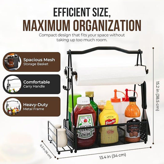 Grill Caddy for Outdoor Kitchen - Foldable Picnic Caddy for BBQ Accessories - Versatile Outdoor Kitchen Accessories Basket with Paper Roll Holder, Hooks & Compartments