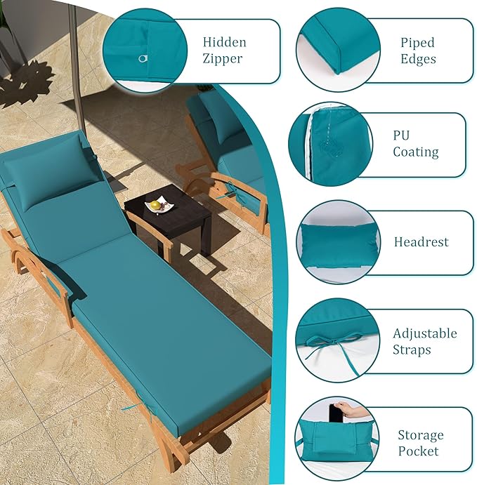 Chaise Lounge Cushions Outdoor Set of 2 Lounge Chair Cushion 72" L x 21" W with Headrest Straps 3'' Thick Waterproof Patio Chaise Cushions Pool Lounger Chair Cushion(Turquoise)