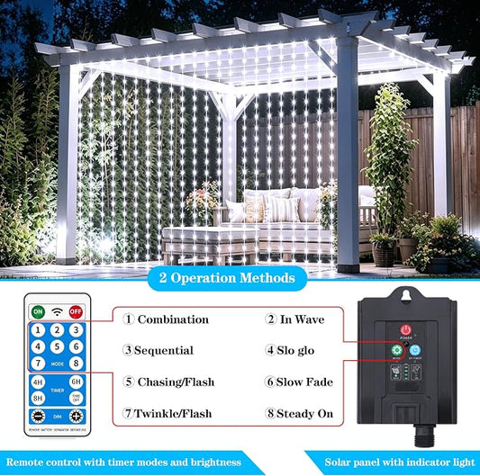 Solar Curtain Lights Outdoor Waterproof, 300LED 9.8x9.8FT Fairy String Lights with USB-C & Solar Charging, Remote Timer Twinkle Waterfall Lights for Patio Garden Wedding Decor (Cool White)