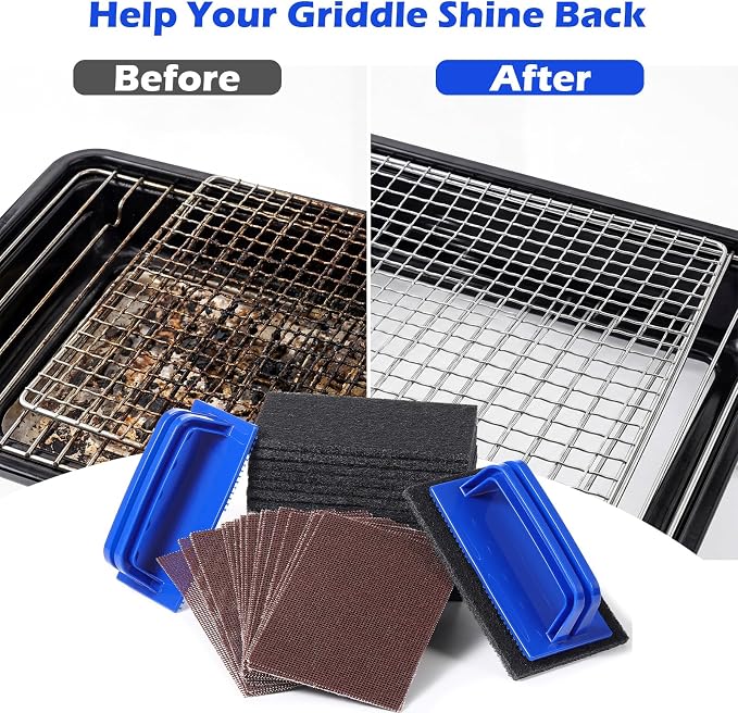Reallnaive 62 Pcs Griddle Cleaning Kit for Flat Top Grill,Blue | Screen Holder, Grill Screens Cleaning Pads, Heavy Duty Abrasive Mesh Pads for Cast Iron, Stainless Steel Griddle Cleaner