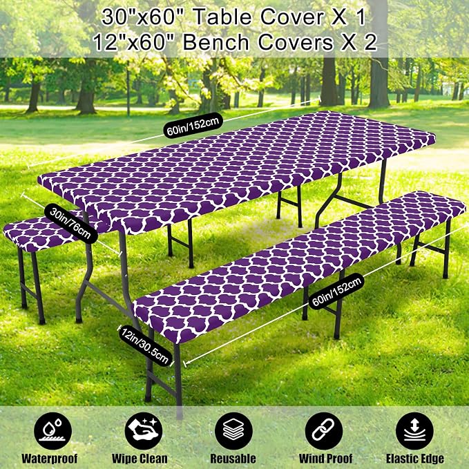 Smiry Picnic Table Cover with Bench Covers, Waterproof Elastic Fitted Tablecloth for 5 Foot Tables, Washable Polyester Tablecloths for Camping, Indoor & Outdoor (Purple, 30x60 Inch 3-pc Set)