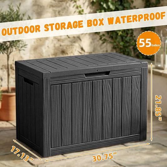 ROJIK Outdoor Storage Box, 55 Gallon Waterproof Deck Box, Weatherproof Resin Outside Storage Bin for Patio Furniture, Garden Tools, Pool Accessories, Cushion, Black