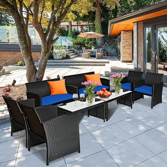 Tangkula 8 Pieces Patio Wicker Conversation Furniture Set, Patiojoy Sofa & Table Set w/4 Seats, Outdoor Rattan Sofa Set for Balcony Backyard, Wicker Chair Set with Tempered Glass Coffee Table