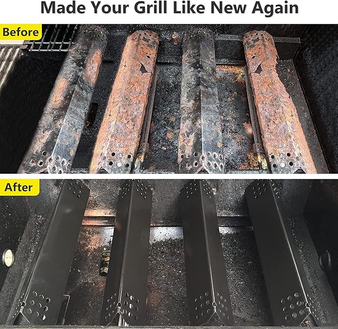 Yiming Grill Replacement Parts for Grillmaster 720-0697, Nexgrill 720-0697, Sunbeam 720-0697 Models, Porcelain Steel Heat Plate Tent Shields, Stainless Steel Pipe Burner Tubes Set, 4 Pack
