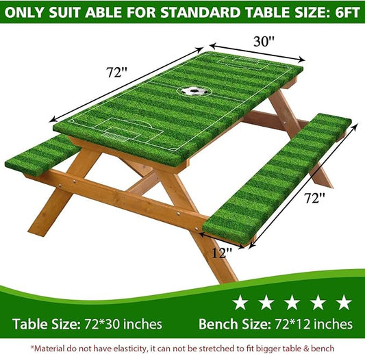 Picnic Table Cover with Bench Covers Elastic Edges, Green Soccer Theme Table Cover, Waterproof Windproof Fitted, for Outdoor Sports Parties Kids Gatherings Patio Garden, Drawstring Bag, 96 Inch 3PCS