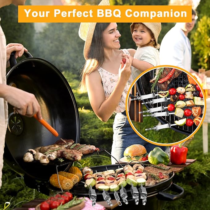 Fengzhe Kabob Skewers Stainless Steel 17-Inch BBQ Skewers with 2 Heavy-Duty Skewer Racks, Set of 10 Flat Metal Sticks & 2 Brushes, Reusable for Meat, Chicken, Vegetables, with Storage Bag