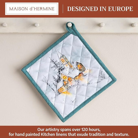 Maison d' Hermine Pot Holders 100% Cotton Potholders (8" x 8", Pack of 1) | Heat Resistant Hot Pads with Loop BBQ Cooking Baking Hotel Kitchen Handling Hot Pans Thanksgiving Christmas - Neige de Noel
