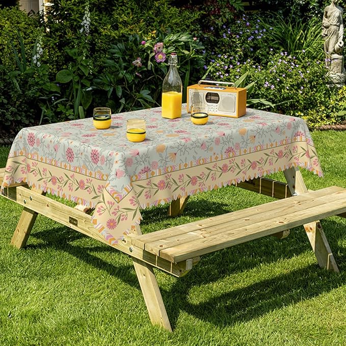 Boho Floral Rectangular Tablecloth 60"x84" - Vintage Pink Floral Waterproof Table Cloth for Dining, Kitchen, Outdoor, BBQ and Picnic, Party Decor