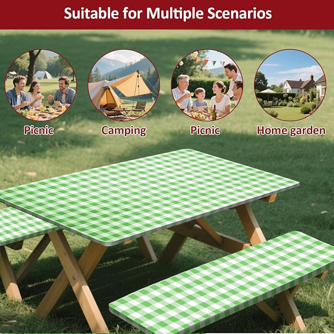 6ft 72" Picnic Table and Bench Cover, 3 Pack, Green-White Checkered | Drawstring Bag, Waterproof Windproof, Elastic Fitted Edges Tablecloth, for Rectangle Table & Seat, Camping Essentials RV Gear