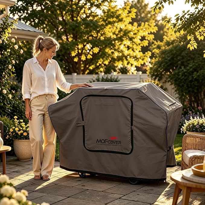 Exclusive Foldable 72 inch Grill Cover, 600D Heavy Duty Large Outdoor BBQ Cover for 6 Burners Grill Weber Nexgrill CharBroil Monument, Coffee