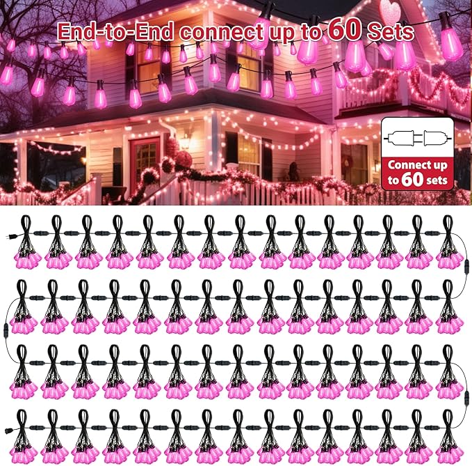 LAMPHOME 2-Pack 26Ft ST38 Pink Valentine's Day Patio Lights ,Outdoor String Lights with 12+1 ST38 Edison Bulbs, Shatterproof LED Lights for Outside Bistro Christmas Wedding Party Decorations