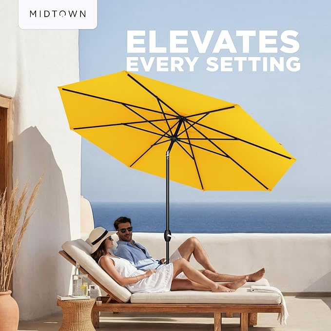 Midtown Umbrellas – The Lean 8 Ft Patio Umbrella with 10-Year-No-Fade Acrylast Acrylic Fabric, Auto-Tilt and 8 Reinforced Ribs for Deck, Pool, Garden, Hotel & Cafes – Studio Yellow Canopy, Black Pole