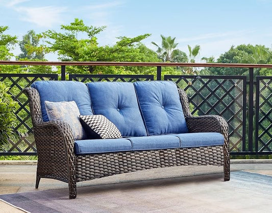 Rilyson Outdoor Patio Wicker Sofa, 900Lbs Weight Capacity Large 3 Seater Wicker Patio Couch with 4in Seat Cushions and Deep Seating, All Weather for Backyard, Garden, Poolside (Brown/Blue)