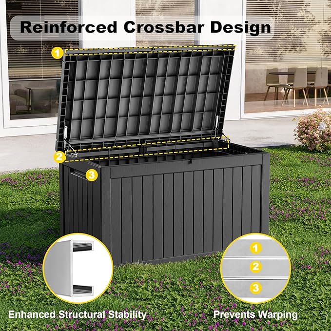 280 Gallon Large Outdoor Storage Box Waterproof, UV Resistant Resin Deck Box with Hydraulic Rod & Lockable Latch for Patio Furniture, Outside Storage Box for Garden Tools, Patio Cushions, Black