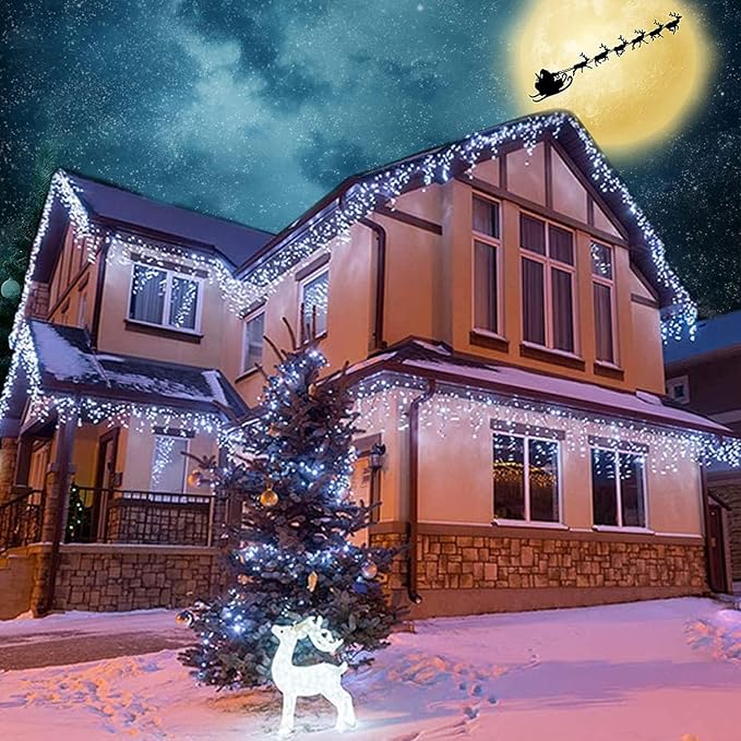 Joomer 33FT Christmas Icicle Lights Outdoor Connectable White | 50 Drops 8 Modes Timer Waterproof Plug-in String Light for Christmas Party, holiday Eaves Roof yard Xmas Decorations