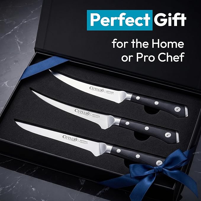 Cutluxe 3-Piece Boning Knife Set – 6" Razor-Sharp Straight, Curved & Flexible Blades, Fillet knife for Fish & Meat Cutting – High Carbon German Steel – Full-Tang Ergonomic Handles – Artisan Series