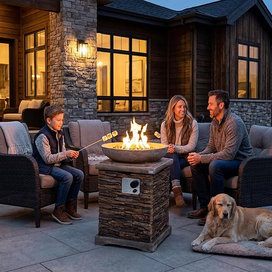 COSIEST Outdoor Propane Fire Pit Table w Faux Brown Compact Ledge Stone 20" Square Base and Faux Rose-Marble Round Bowl, Certified, 40,000 BTU, Free Lava Rocks, Fits 20lb Tank Inside, Raincover